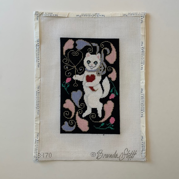 Brenda Stofft B-170 Completed Cross Stitch White Cat Holding Wand Heart Rose Pic - Picture 3 of 4